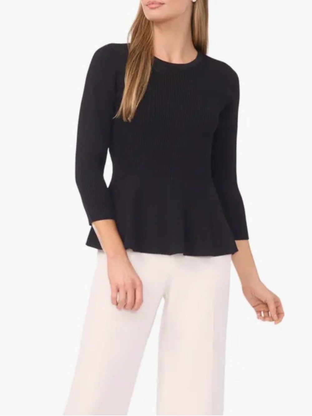 Women's Black Peplum Knit Top - Crewneck